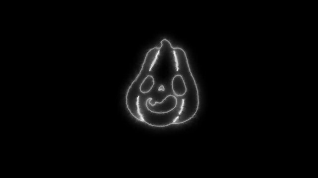 Glowing White Neon Halloween Pumpkin Outline Animation on Black Background 4K