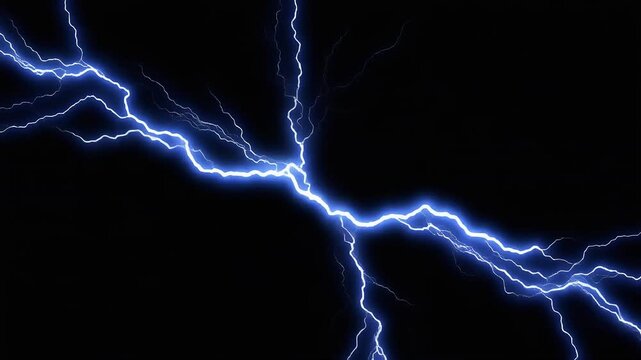 Bright blue lightning bolts branch out against a deep black background.