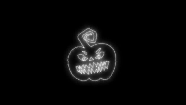 Glowing White Neon Halloween Pumpkin Outline Animation on Black Background 4K