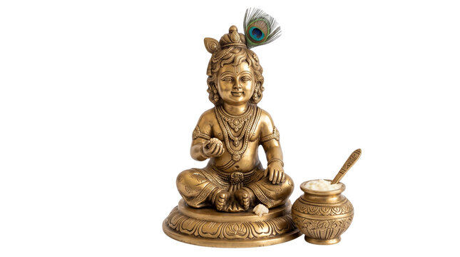 Brass idol of bal krishna baby krishna with butter, isolated on transparent background