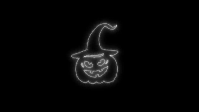Glowing White Neon Halloween Pumpkin Outline Animation on Black Background 4K