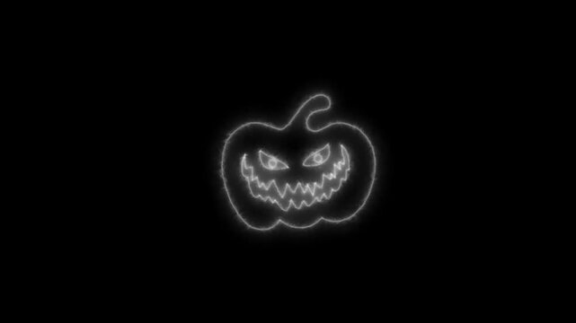 Glowing White Neon Halloween Pumpkin Outline Animation on Black Background 4K