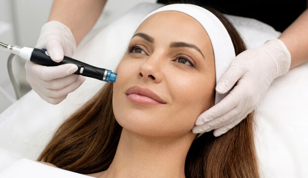 Professional cosmetic treatment session showing a relaxed woman receiving facial rejuvenation therapy