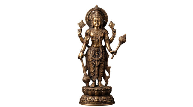 Brass idol of lord vishnu holding his attributes, isolated on transparent background