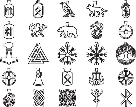 A collection of Norse mythology symbols and runes, including gods, animals, and ancient symbols, presented in a clean, minimalist line art style.