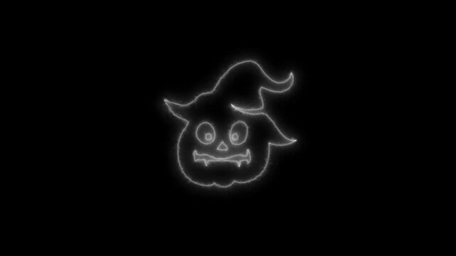 Glowing White Neon Halloween Pumpkin Outline Animation on Black Background 4K