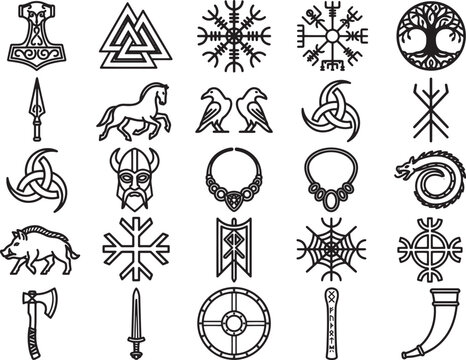 A collage of Norse mythology symbols, including Mjolnir, Valknut, Vegvisir, and Yggdrasil, presented as line art on a clean background.