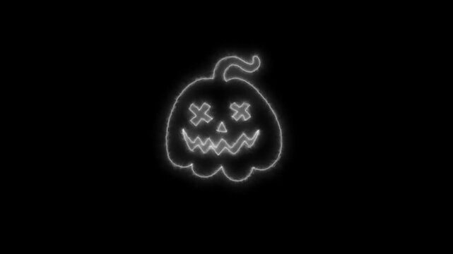 Glowing White Neon Halloween Pumpkin Outline Animation on Black Background 4K