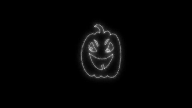 Glowing White Neon Halloween Pumpkin Outline Animation on Black Background 4K