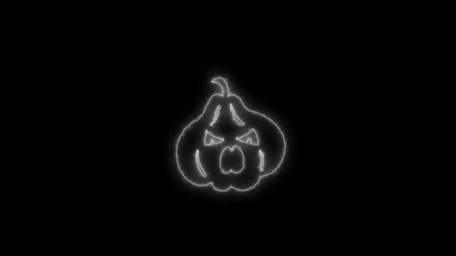 Glowing White Neon Halloween Pumpkin Outline Animation on Black Background 4K