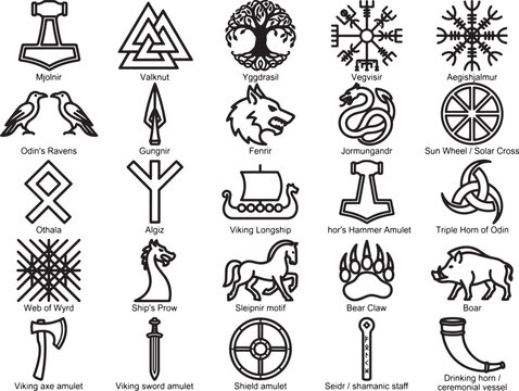 A collection of ancient Norse Viking symbols and runes, including Mjolnir, Valknut, Yggdrasil, and Odin's Ravens, presented in a clear, line-art style illustration.