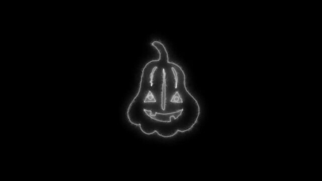 Glowing White Neon Halloween Pumpkin Outline Animation on Black Background 4K
