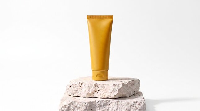 yellow Mockup product package tube container design on stone display isolated white background.