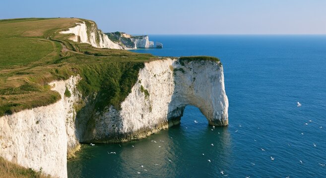 Coastal cliffs with an arch, seabirds fly over the blue ocean