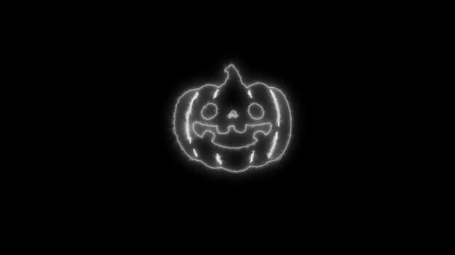 Glowing White Neon Halloween Pumpkin Outline Animation on Black Background 4K