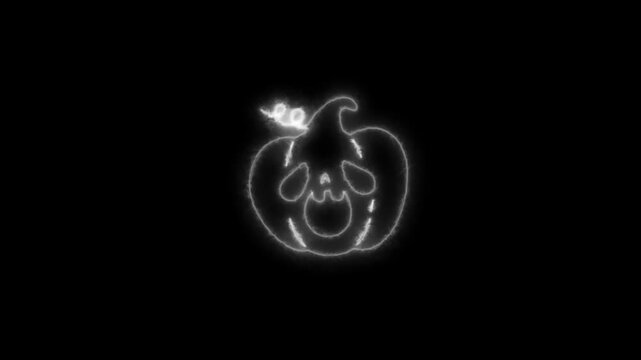 Glowing White Neon Halloween Pumpkin Outline Animation on Black Background 4K
