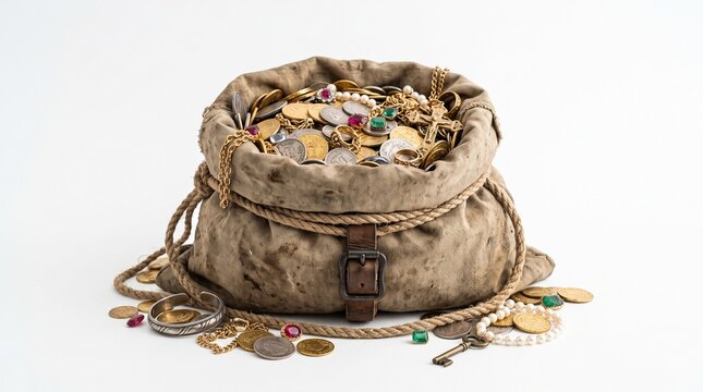A vintage burlap sack filled with gold coins and precious gemstones on a white background.