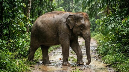 Fototapeta premium Large elephant walking along path in tropical jungle.