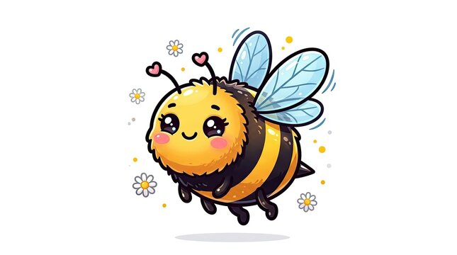 Cute cartoon bumblebee flying with flowers and hearts.