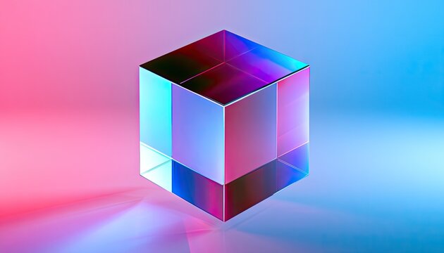 A transparent cube refracts light into vibrant pink and blue hues