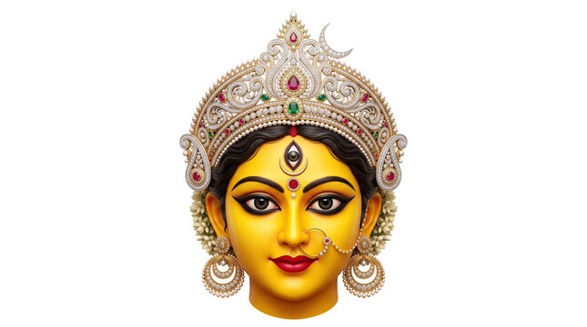 Maa durga face with ornate crown and jewelry isolated on transparent background