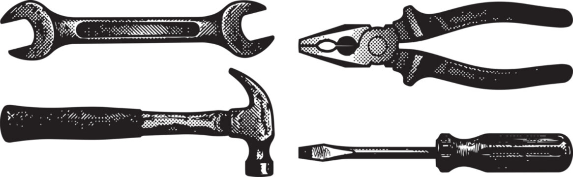 Hand tools vector set with wrench, pliers, hammer, and screwdriver for construction and repair work