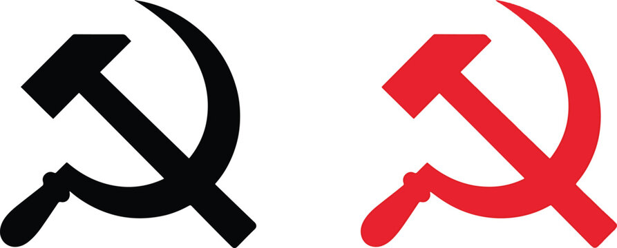 Black and red hammer and sickle icons isolated on white background for professional vector design projects