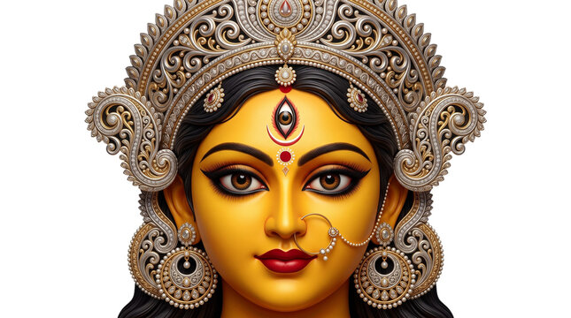 Closeup of maa durga face with elaborate crown isolated on transparent background