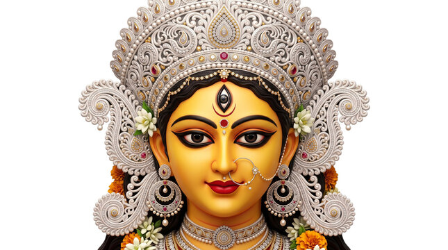 Maa durga face with traditional crown and flowers isolated on transparent background
