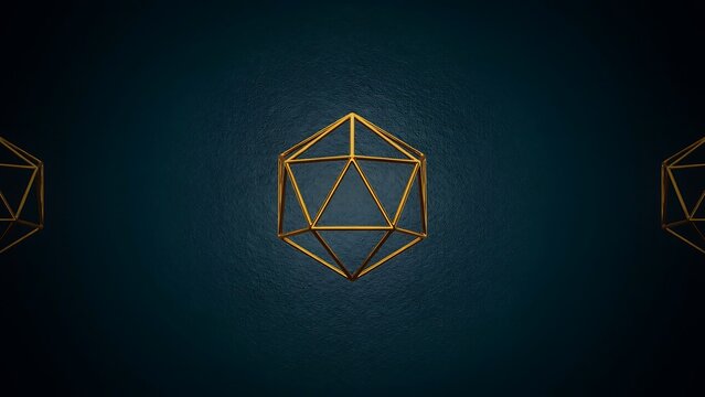 Golden icosahedron geometric shape centered on dark textured blue background creating minimalist aesthetic composition perfect for modern scientific presentations or creative design projects.