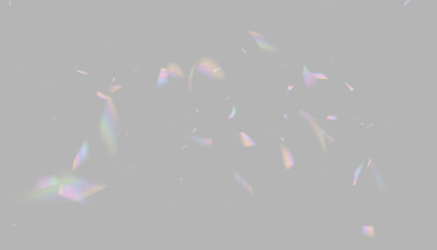 Transparent crystal rainbow overlay with PNG file. Soft lens flares create dreamy reflections. Vector design element for modern visual creations.