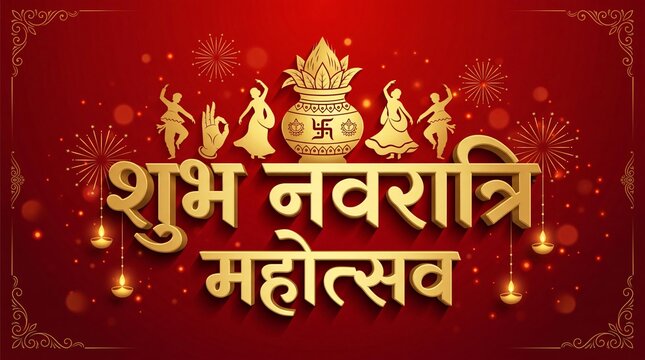 Navratri kalash puja background. Happy Navratri mahotsav text with puja kalash.