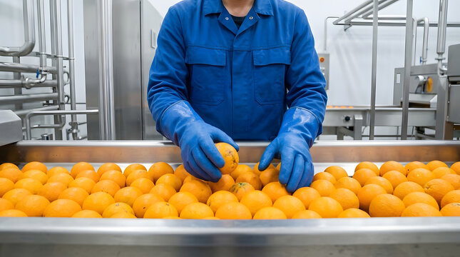 Orange Quality Inspection Worker Sorting Fresh Oranges on Conveyor Belt in Juice Factory