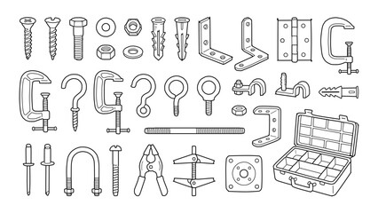 Hardware and fasteners hand drawn doodle icon set with bolts clamps brackets anchors hooks and workshop components © Hand Made Assets