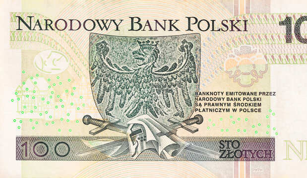 Registered Polish monetary note 100 zloty authorized for circulation by Narodowy Bank Polski rear view