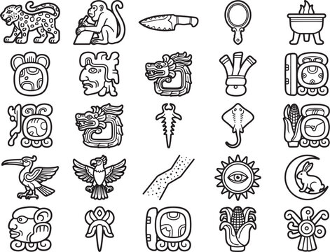 A collection of Mesoamerican glyphs and symbols, including animal figures, celestial bodies, and abstract designs, presented in a monochrome illustration.