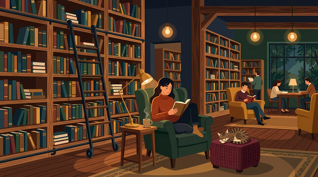 A cozy library scene with tall bookshelves, people reading and studying in a warm, inviting atmosphere.