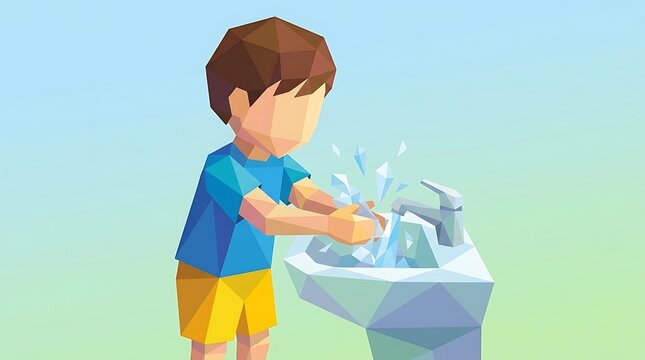 Low poly boy character washing hands at a sink.