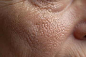 Fototapeta premium Macro detail of woman skin showing texture and wrinkle. Concept of aging, dermatology, and hormonal change. Skin care and beauty treatment for natural and mature female epidermis.