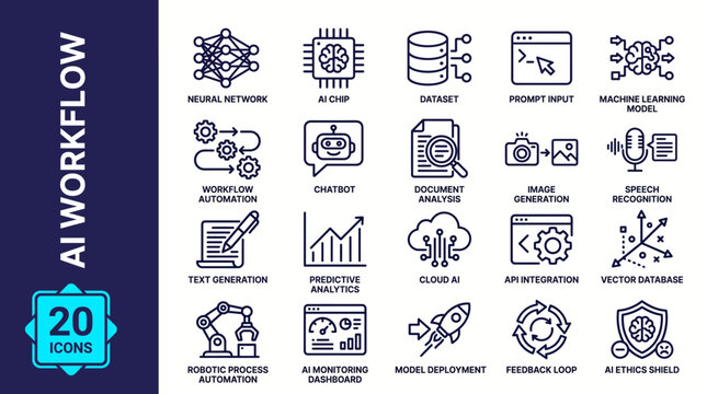 A comprehensive set of 20 line icons illustrating various components and processes within an AI workflow, including neural networks, machine learning, data processing, and automation.