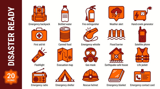 A collection of 20 flat design icons representing various essential items and concepts for disaster preparedness and emergency readiness, including survival gear and safety equipment.
