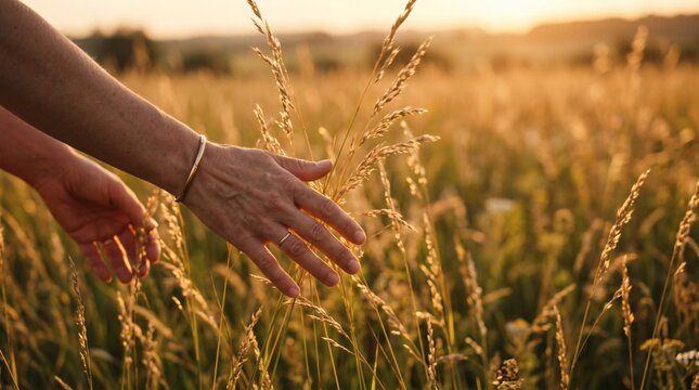 A person's hands gently caressing golden wheat stalks in a sun-drenched field during a warm sunset, evoking a sense of peace and connection with nature.