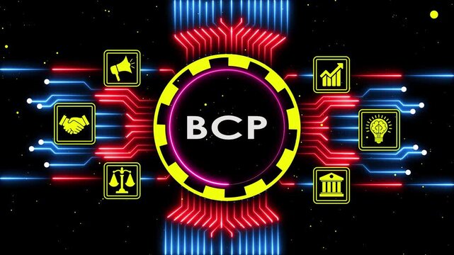 Business continuity planning concept animation with glowing neon icons and circuit.
