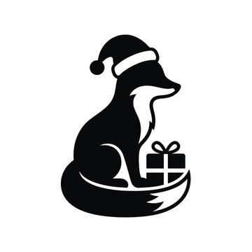 A fox wearing a Santa hat setting with a gift box.