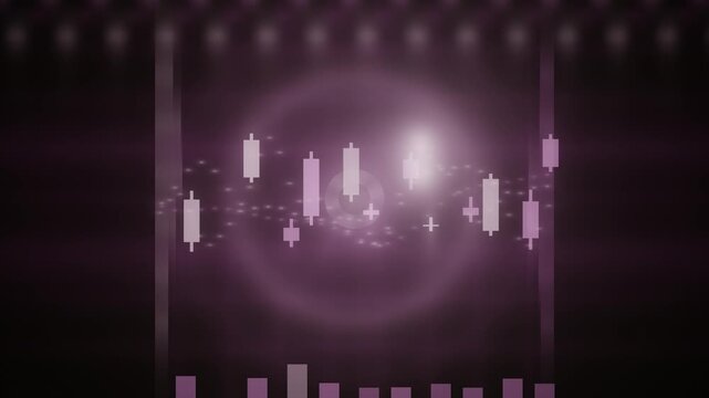 An abstract looping sequence of purple pixel bars moves across a glowing dark background.