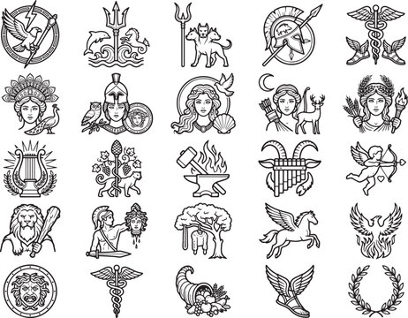 Collection of mythological symbols and ancient Greek gods, including Pegasus, Hydra, and Medusa, depicted in a classic illustration style.