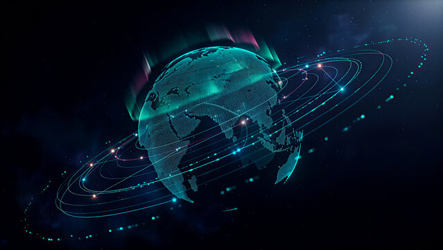 Earth with Orbital Grid Network, AI Global Connectivity, Aurora Lights and Space Technology