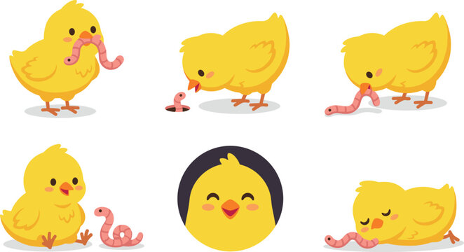 Cute cartoon baby chick vector character set featuring adorable yellow chickens eating catching looking at and playing with pink earthworms on isolated white background.