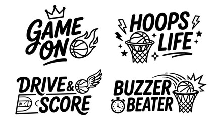 This collection showcases vibrant basketball-themed graphic elements, emphasizing game excitement and sportsmanship, ideal for promotional use in sports-related content. © Wyatt