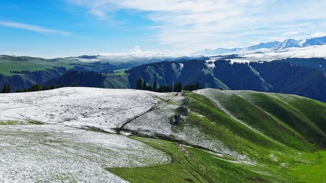 Aerial view of green grasslands partially covered in snow with mountains under a blue sky, Kalajun Grassland, Ili, Xinjiang, China.
